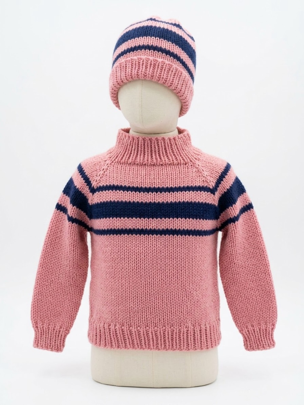 Kids Pink & Navy Stripe Knit Sweater with Matching Hat